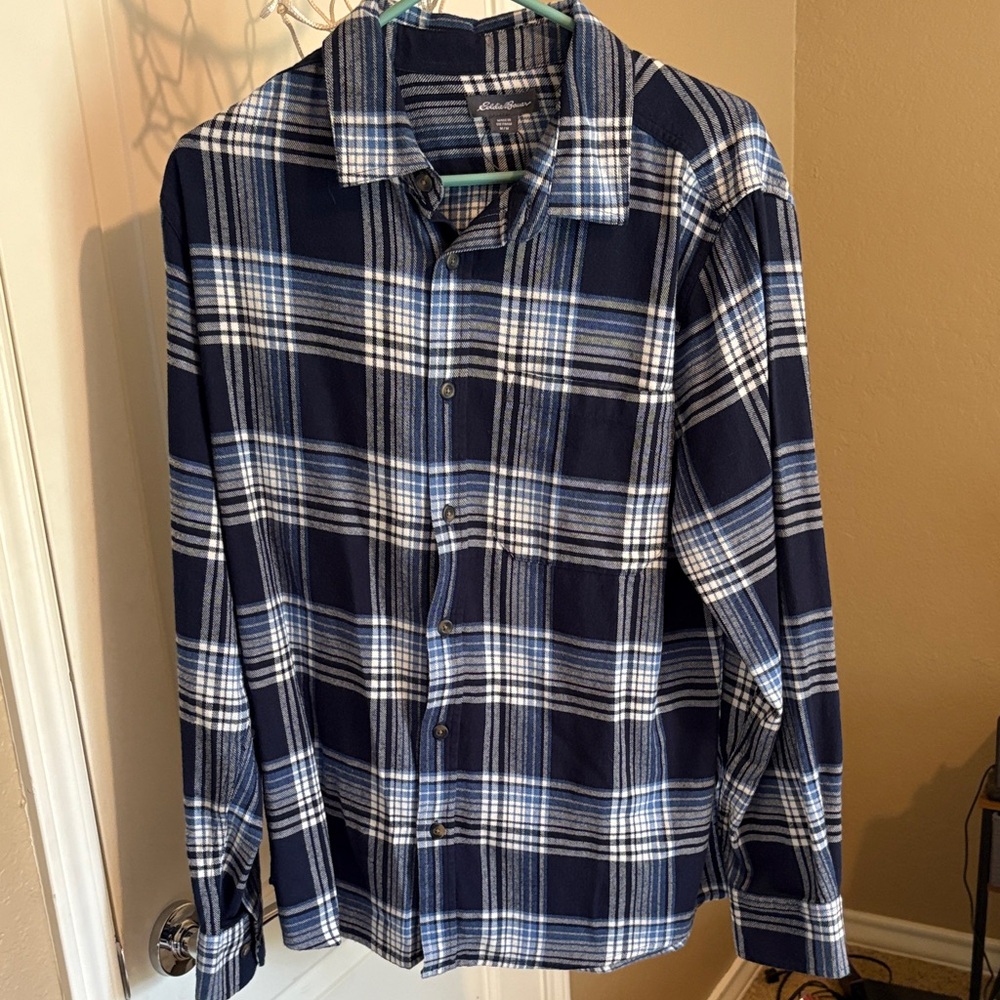 Eddie Bauer Men's Navy and White Checkered Shirt